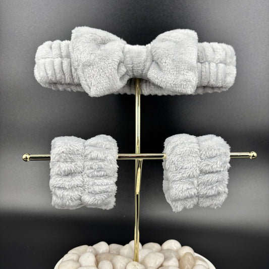 Plush Spa Headband & Wristband Set – Gray